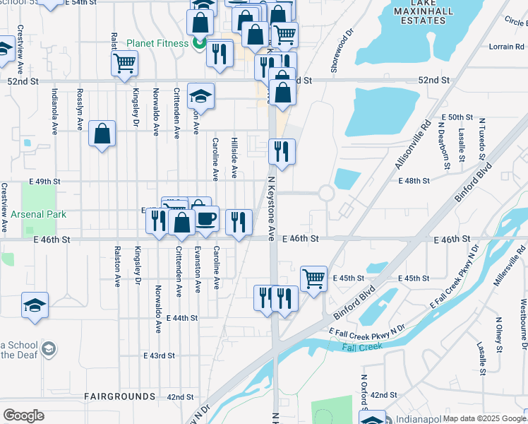 map of restaurants, bars, coffee shops, grocery stores, and more near 4638 North Keystone Avenue in Indianapolis