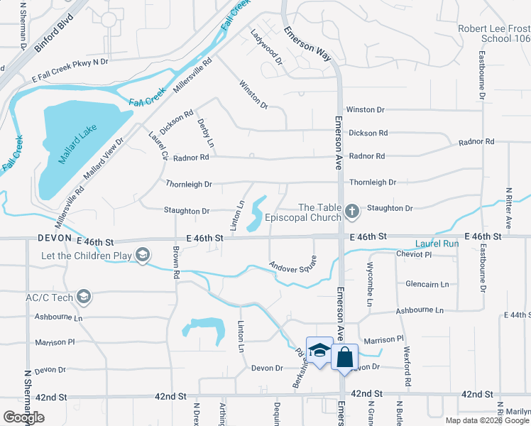 map of restaurants, bars, coffee shops, grocery stores, and more near 4640 Andover Road in Indianapolis