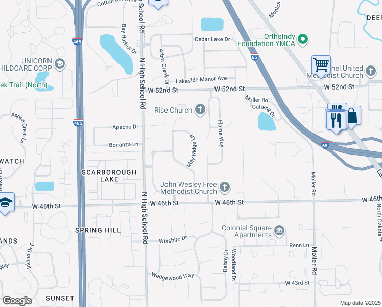 map of restaurants, bars, coffee shops, grocery stores, and more near 4826 May Ridge Lane in Indianapolis
