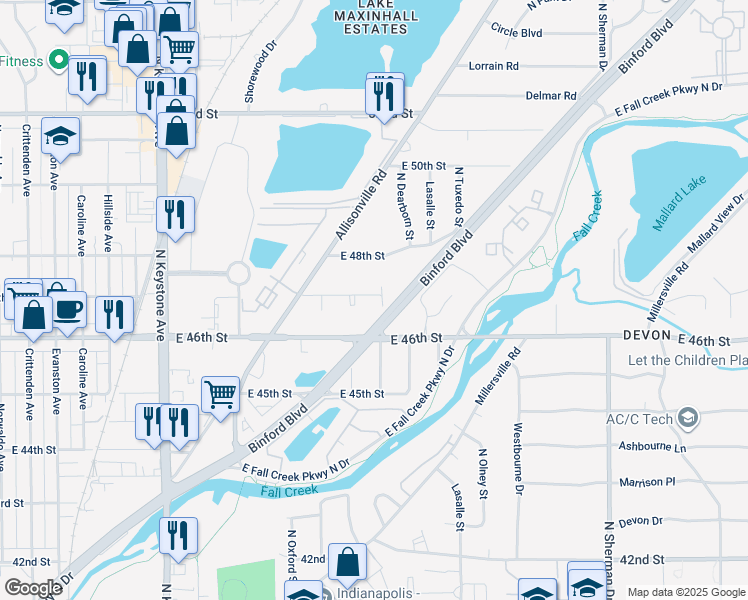 map of restaurants, bars, coffee shops, grocery stores, and more near 3011 East 47th Street in Indianapolis
