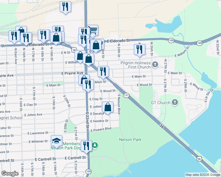 map of restaurants, bars, coffee shops, grocery stores, and more near 2380 East Wood Street in Decatur