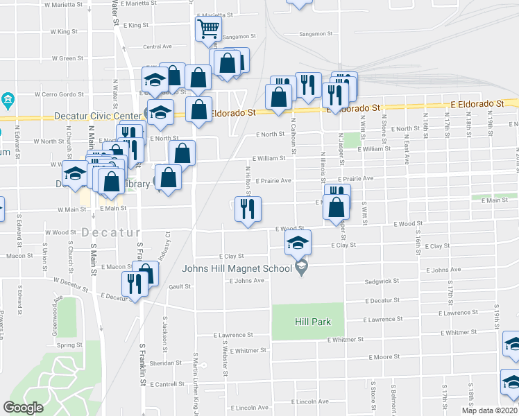 map of restaurants, bars, coffee shops, grocery stores, and more near 833 East Main Street in Decatur