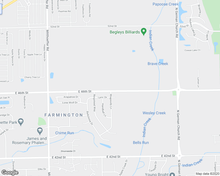 map of restaurants, bars, coffee shops, grocery stores, and more near 10412 East 46th Street in Indianapolis