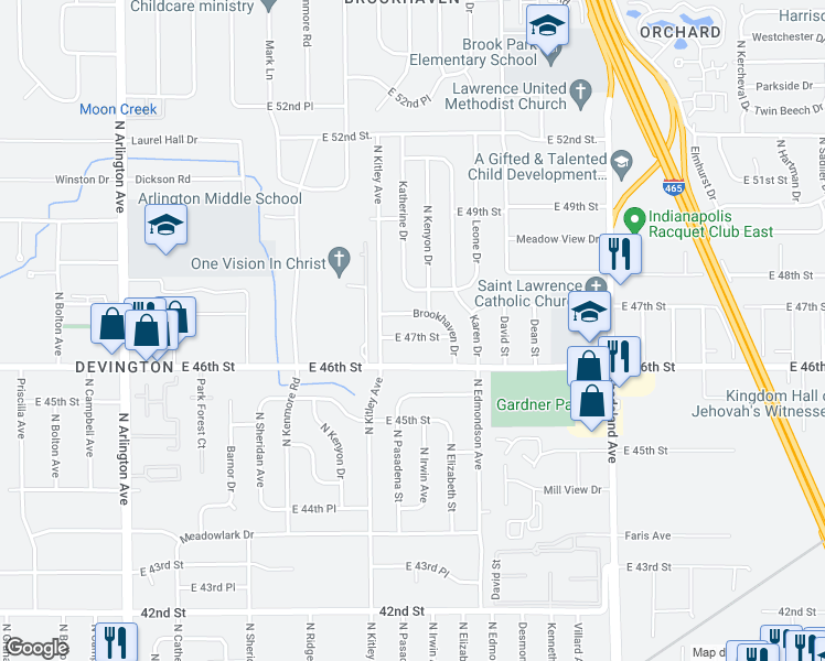 map of restaurants, bars, coffee shops, grocery stores, and more near 6622 East 47th Street in Indianapolis