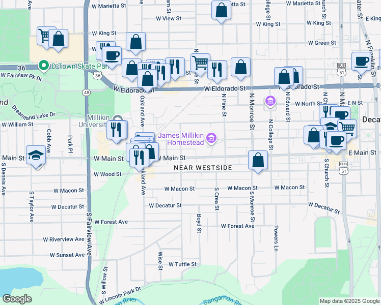 map of restaurants, bars, coffee shops, grocery stores, and more near 928 West Main Street in Decatur