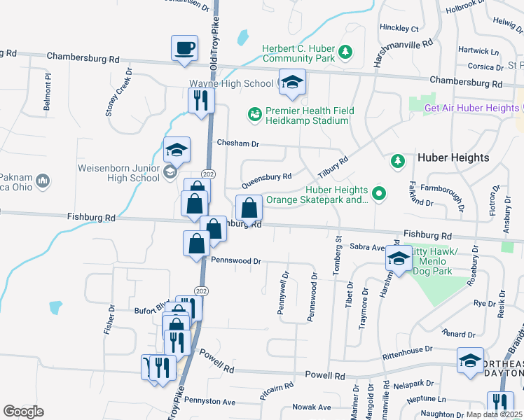 map of restaurants, bars, coffee shops, grocery stores, and more near 4966 Tewkesbury Drive in Dayton