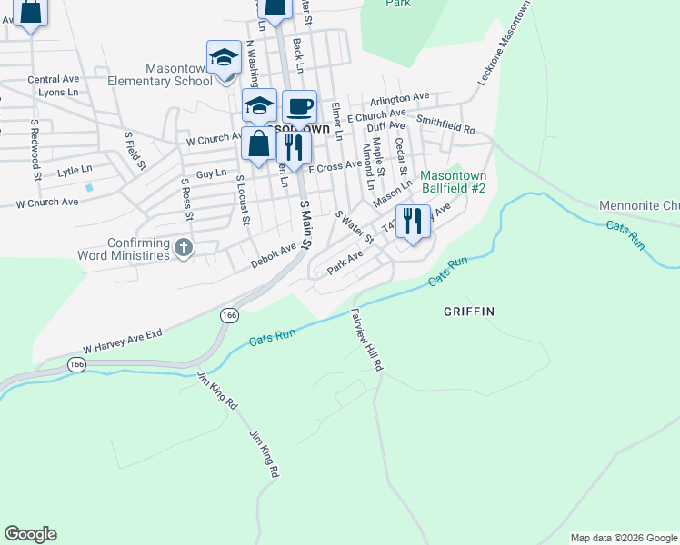 map of restaurants, bars, coffee shops, grocery stores, and more near 15 Park Ave in Masontown