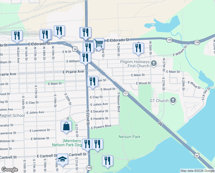 map of restaurants, bars, coffee shops, grocery stores, and more near 2380 East Wood Street in Decatur