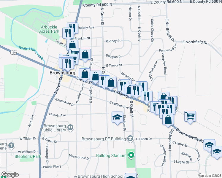 map of restaurants, bars, coffee shops, grocery stores, and more near 440 East Main Street in Brownsburg