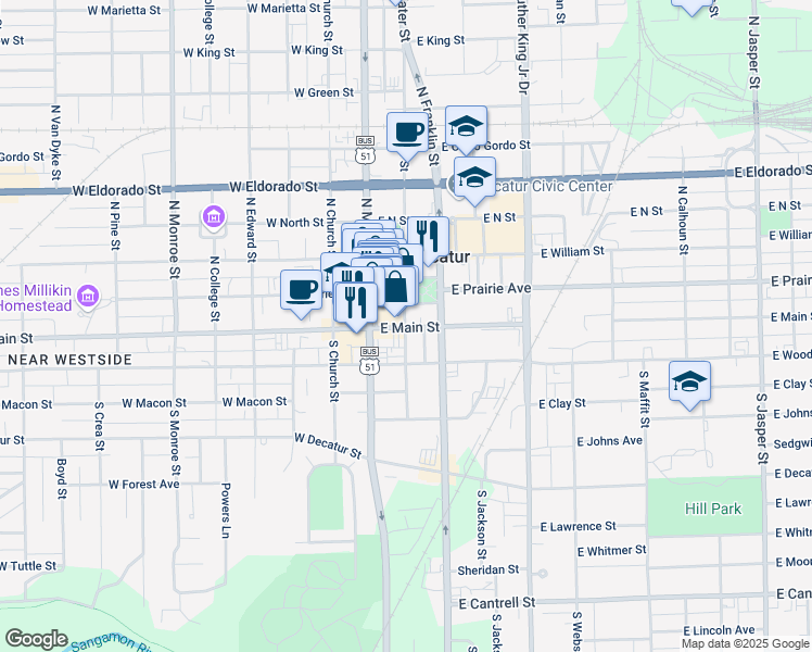 map of restaurants, bars, coffee shops, grocery stores, and more near 100 North Water Street in Decatur