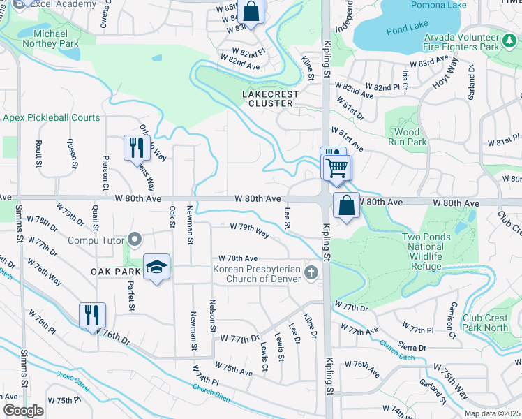 map of restaurants, bars, coffee shops, grocery stores, and more near 10260 West 80th Avenue in Arvada