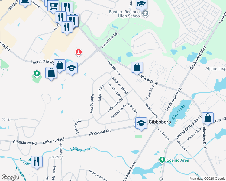 map of restaurants, bars, coffee shops, grocery stores, and more near 9 Wexford Road in Gibbsboro