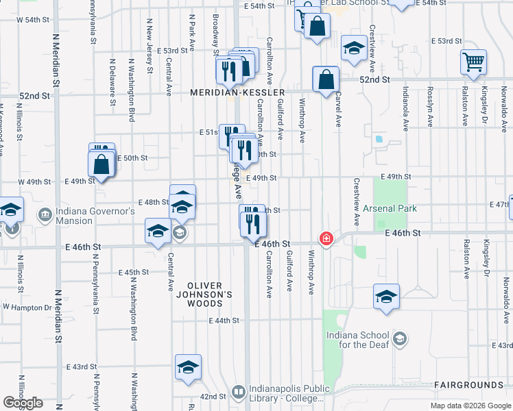 map of restaurants, bars, coffee shops, grocery stores, and more near 722 East 48th Street in Indianapolis