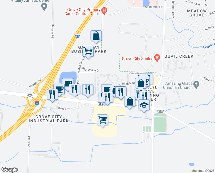 map of restaurants, bars, coffee shops, grocery stores, and more near 2812 Sunset Maple South in Grove City