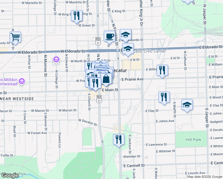 map of restaurants, bars, coffee shops, grocery stores, and more near 100 North Water Street in Decatur