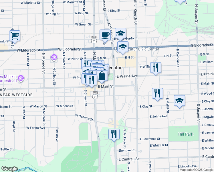 map of restaurants, bars, coffee shops, grocery stores, and more near 100 North Water Street in Decatur