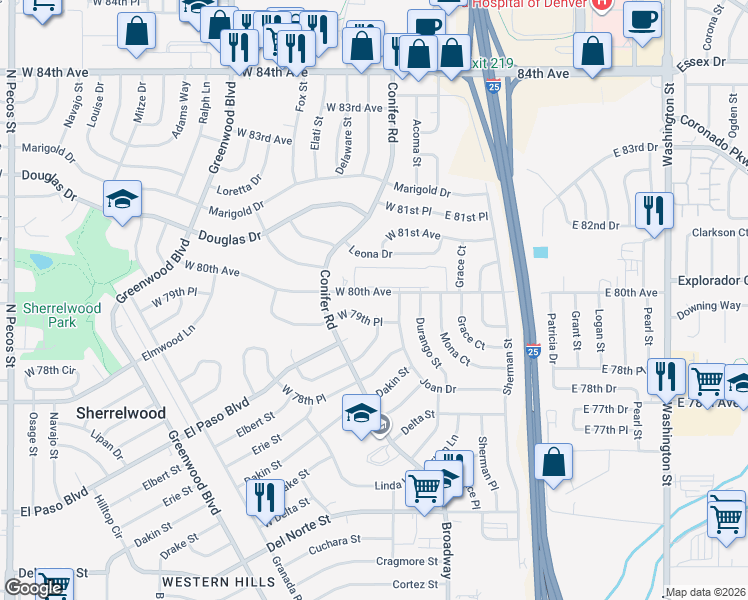 map of restaurants, bars, coffee shops, grocery stores, and more near 300 West 80th Avenue in Denver