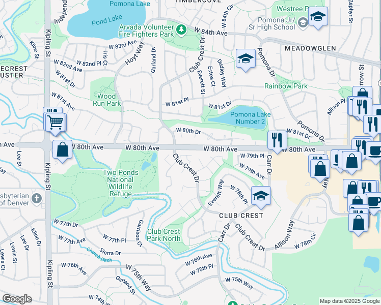 map of restaurants, bars, coffee shops, grocery stores, and more near 7980 Estes Court in Arvada