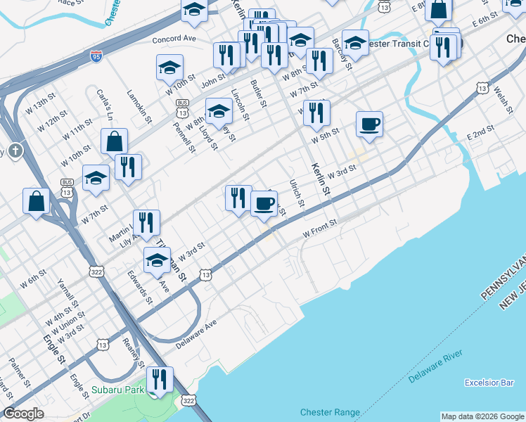 map of restaurants, bars, coffee shops, grocery stores, and more near 929 West 3rd Street in Chester