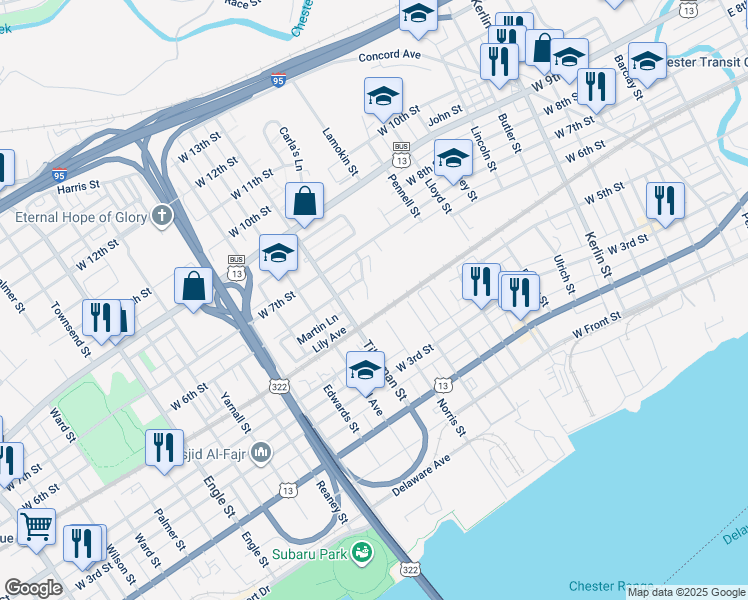 map of restaurants, bars, coffee shops, grocery stores, and more near 525 Norris Street in Chester