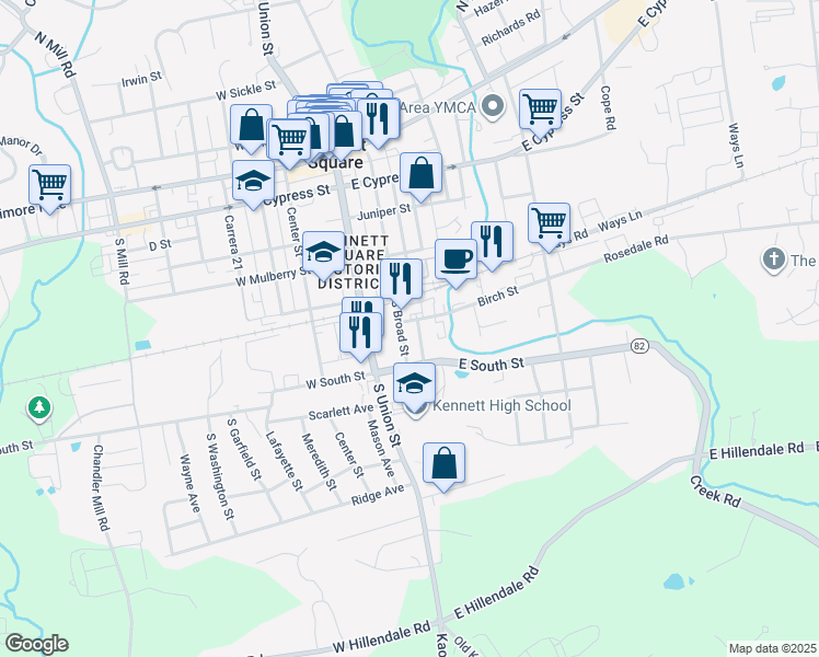 map of restaurants, bars, coffee shops, grocery stores, and more near 216 Birch Street in Kennett Square