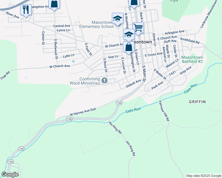 map of restaurants, bars, coffee shops, grocery stores, and more near 225 Fairview Avenue in Masontown