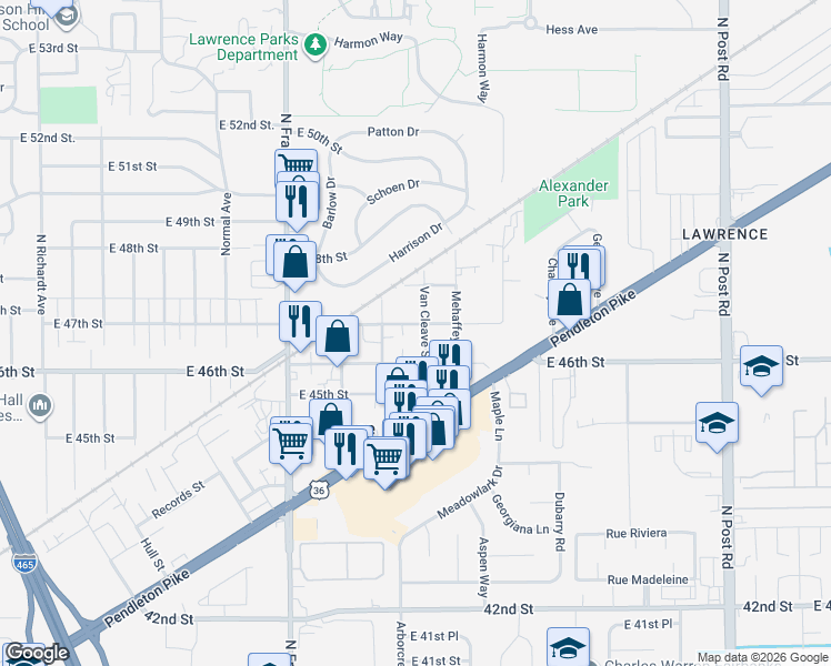 map of restaurants, bars, coffee shops, grocery stores, and more near 8245 East 47th Street in Indianapolis