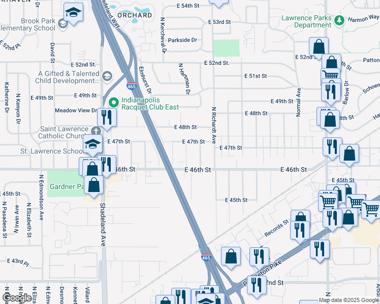 map of restaurants, bars, coffee shops, grocery stores, and more near 4611 North Hartman Drive in Indianapolis