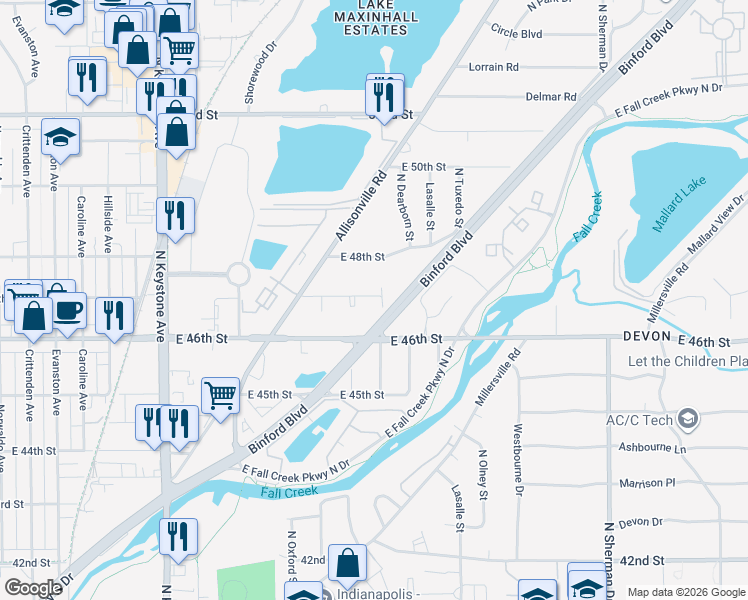 map of restaurants, bars, coffee shops, grocery stores, and more near 3011 East 47th Street in Indianapolis