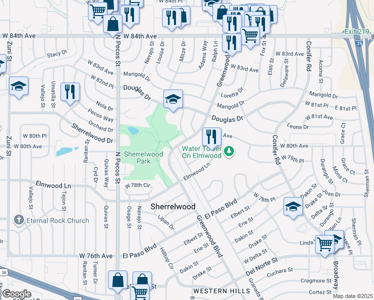 map of restaurants, bars, coffee shops, grocery stores, and more near 1071 West 79th Place in Denver