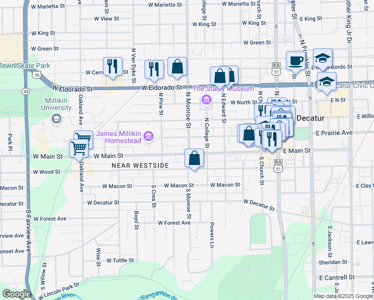 map of restaurants, bars, coffee shops, grocery stores, and more near 600 West Main Street in Decatur