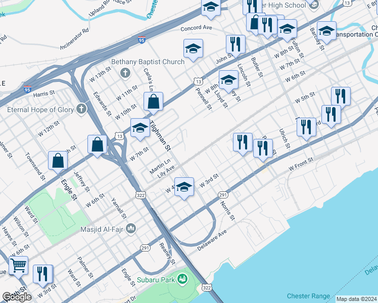 map of restaurants, bars, coffee shops, grocery stores, and more near 525 Norris Street in Chester