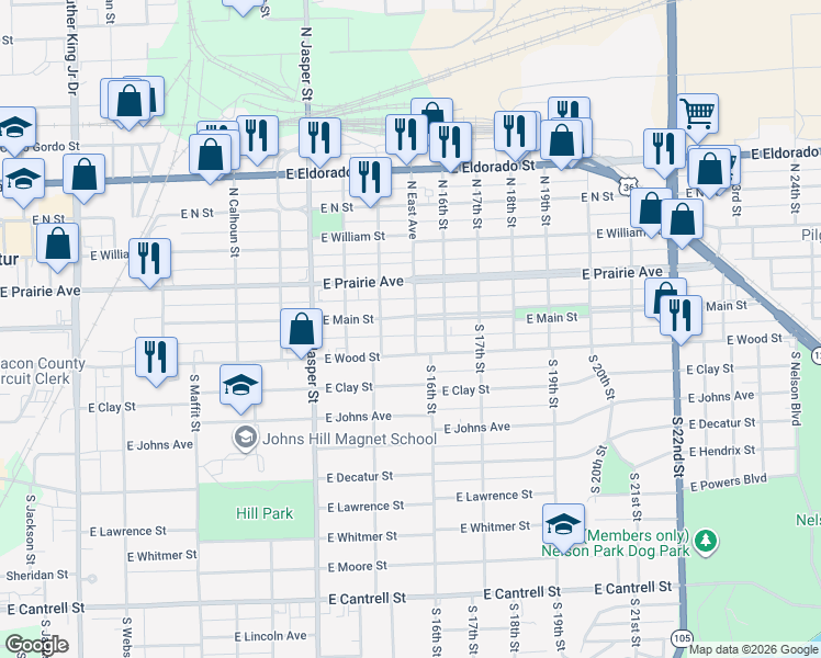 map of restaurants, bars, coffee shops, grocery stores, and more near 123 South East Avenue in Decatur
