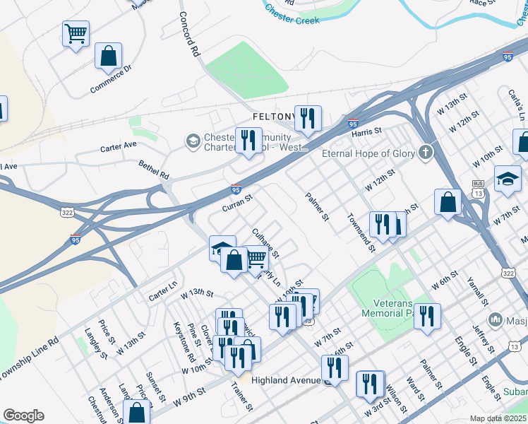 map of restaurants, bars, coffee shops, grocery stores, and more near 2610 Price Street in Chester