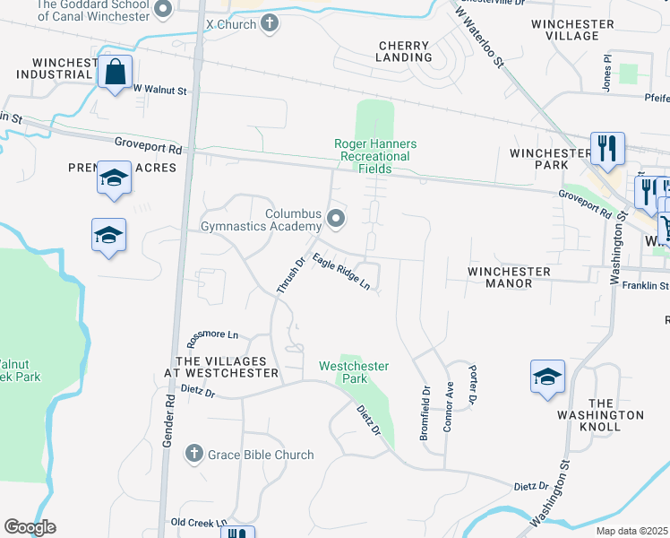 map of restaurants, bars, coffee shops, grocery stores, and more near 6619 Eagle Ridge Lane in Canal Winchester