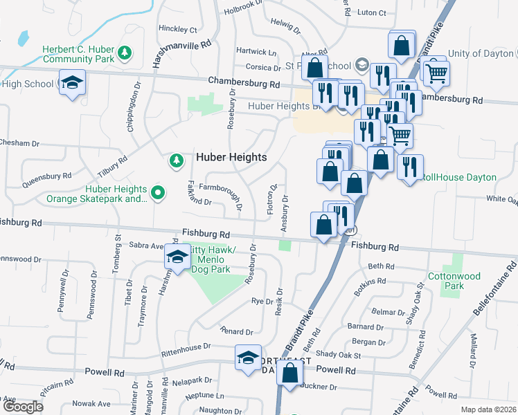 map of restaurants, bars, coffee shops, grocery stores, and more near 6116 Rosebury Drive in Dayton