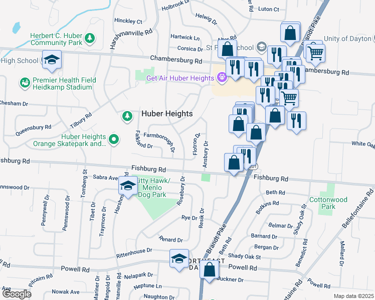 map of restaurants, bars, coffee shops, grocery stores, and more near 6116 Rosebury Dr in Dayton