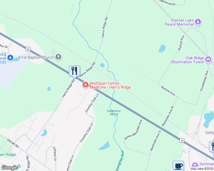 map of restaurants, bars, coffee shops, grocery stores, and more near 727 Chambersburg Road in Gettysburg