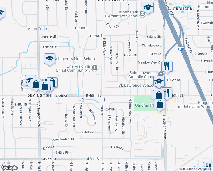 map of restaurants, bars, coffee shops, grocery stores, and more near 6602 East 47th Street in Indianapolis
