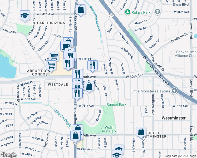 map of restaurants, bars, coffee shops, grocery stores, and more near 4860 West 80th Avenue in Westminster