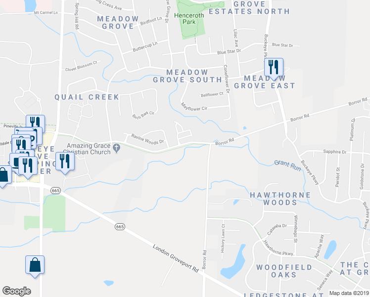 map of restaurants, bars, coffee shops, grocery stores, and more near 2061 Quail Creek Boulevard in Grove City