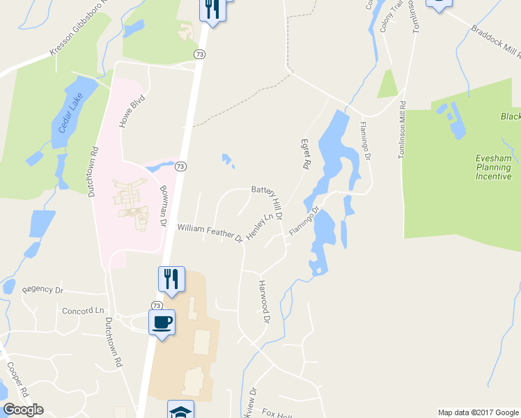 map of restaurants, bars, coffee shops, grocery stores, and more near 12 Henley Lane in Voorhees Township