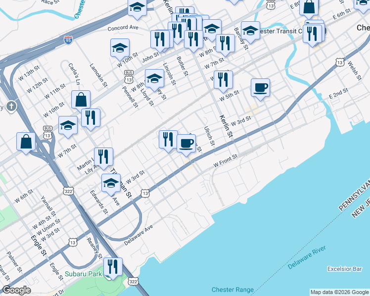 map of restaurants, bars, coffee shops, grocery stores, and more near 929 West 3rd Street in Chester