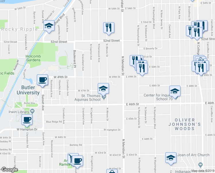 map of restaurants, bars, coffee shops, grocery stores, and more near 4735 North Illinois Street in Indianapolis