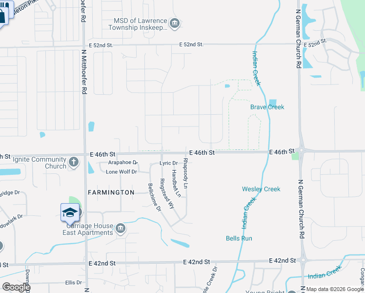 map of restaurants, bars, coffee shops, grocery stores, and more near 10406 East 46th Street in Indianapolis