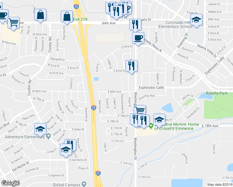map of restaurants, bars, coffee shops, grocery stores, and more near 7984 Logan Street in Denver