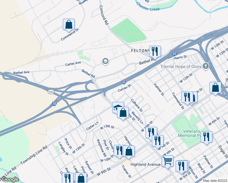 map of restaurants, bars, coffee shops, grocery stores, and more near 2718 Curran Street in Chester