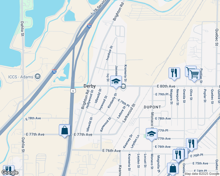 map of restaurants, bars, coffee shops, grocery stores, and more near 7996 Ivywood Street in Commerce City