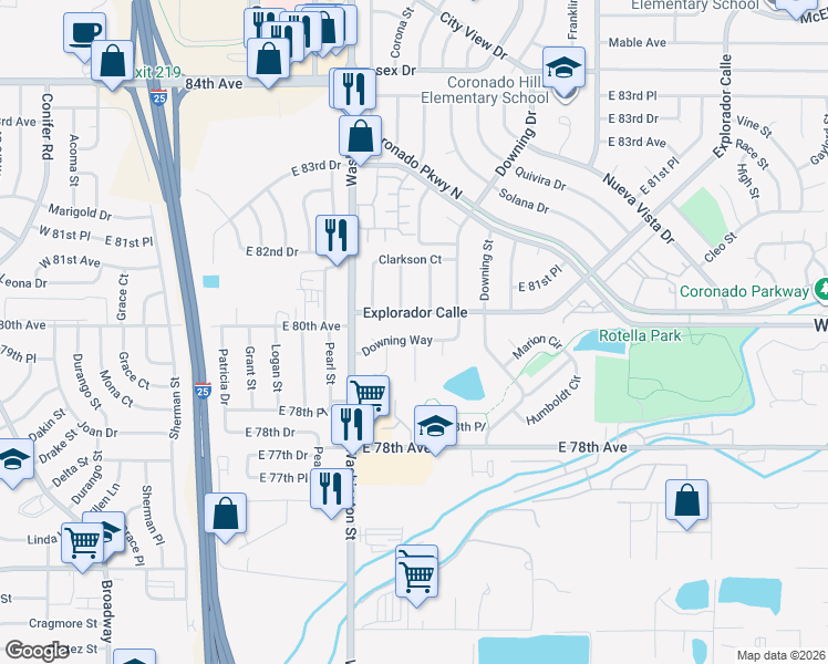 map of restaurants, bars, coffee shops, grocery stores, and more near 841 Downing Way in Denver