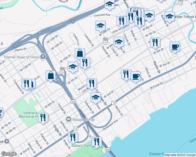 map of restaurants, bars, coffee shops, grocery stores, and more near 527 Norris Street in Chester